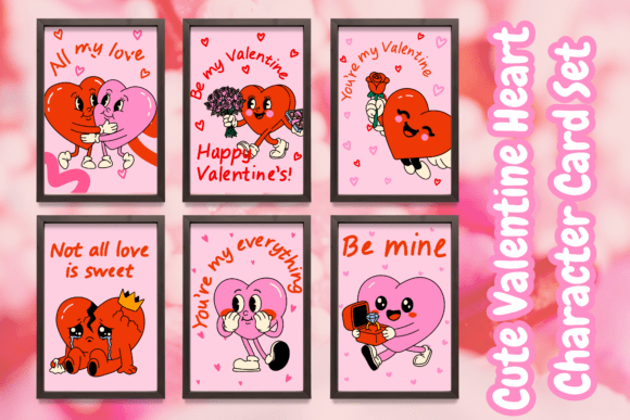 Download Cute Valentine Heart Character Card Set - Heart Collection