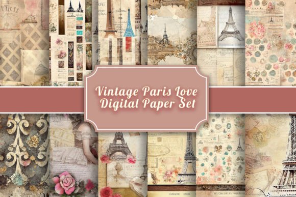 Download Vintage Paris Love Digital Paper Set - Digital paper Collection